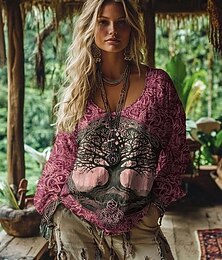 preiswerte -Damen Boho T-Shirt Grafik Geometrisch Elegant Bohemia Tropisch Langarm V-Ausschnitt Reguläre Oberteile Täglich Ausgehen Wochenende 3D Druck Pink Lila Orange Grün Sommer Frühling Herbst Winter