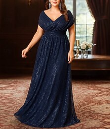 preiswerte -A-Linie Bodenlang Abendkleid Kurzarm V Ausschnitt Elegant Vintage Übergröße Polyester Brautmutterkleid mit Falten Paillette