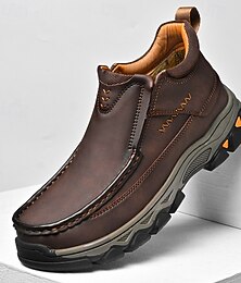 abordables -Zapatos de trabajo sin cordones para hombre, de piel sintética marrón oscuro, con amortiguación: calzado resistente y con buen soporte para trabajos al aire libre y senderismo.