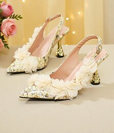 voordelige -Dames slingback hakken met bloemenmotief en gouden hak - elegante pumps met puntige neus voor bruiloften en feestjes