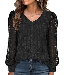 olcso -Női Póló Csipke toldó felső Tömör szín Elegáns Divat aranyos stílus Hosszú ujj Terített nyak V-alakú Normál felsők Napi Alkalmi Hétvége Csipke Kollázs Fekete Fehér Bor Katonai zöld Bíbor Ősz Tél