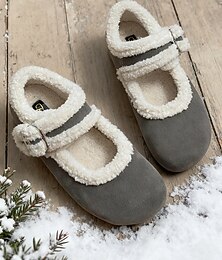 economico -ballerine Mary Jane larghe da donna con cinturino in sherpa color marrone – comode scarpe foderate in pelliccia sintetica per l'inverno, le giornate informali e le feste