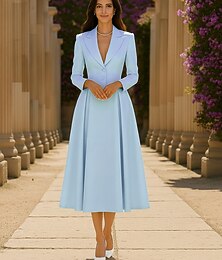 baratos -Vestido smoking Linha A Formal Crepe Esticado Elegante Manga Longa Longuette Comprimento Midi Lapela Pontuda Decote V Comum 2 Botões