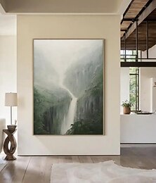 baratos -Pintura a óleo feita à mão sobre tela, arte de parede abstrata com paisagem de montanhas verdes e cachoeiras, para decoração de casa, pintura esticada em moldura ou pintura enrolada sem moldura.