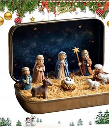 economico -presepe in miniatura, presepe di Natale fatto a mano in una scatola di latta, espositore tascabile portatile della Sacra Famiglia di Betlemme, piccolo ornamento religioso per scrivania, scaffale