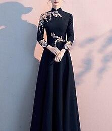 abordables -Vestido de Línea A para la Madre de la Novia Elegante Sencillo Cuello Alto Largo de Suelo Tejido Stretch Manga Larga con Pliegues Apliques talla personalizada gratuita