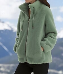 preiswerte -Damen Wintermantel Teddymantel Warm Bequem Kordelzug Reißverschluss Elegant Plüsch Lässig Einfarbig Heim Lässig Kurz Stehkragen Normale Passform Langarm Oberbekleidung Rote Purpur Grün Frühling Herbst