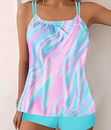 abordables -Tankini de Mujer de 2 Piezas Traje de Baño Corto Control de Abdomen Alta Cintura Espalda Descubierta Ropa de Playa para Vacaciones Halter Floral Sin Mangas