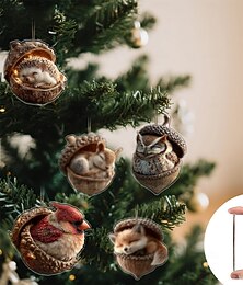 economico -6/12 pezzi di ornamenti acrilici 2D a forma di ghianda di animali della foresta, accoglienti ornamenti natalizi della foresta, decorazione a forma di pigna, ornamento da appendere a forma di creatura