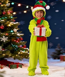 preiswerte -Set Weihnachtsmann Grünes Monster pelzig Overall Santa Anzüge Onesie-Kostüm Jungen Mädchen Weihnachten Weihnachtskostüm Kinder Weihnachten Neujahr Leistung Party Hauskleidung Handschuhe Schal Hut