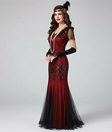preiswerte -Set Goldene Zwanziger 1920er Knöchellänge Kleid Abendkleid Outfits mit Zubehör Kurze Ärmel Der große Gatsby Übergrössen Hochzeitsgast Quastenfransen Quaste V Ausschnitt Kostüm Damen Karneval Maskerade