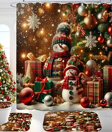 levne -Sada 4 sprchových závěsů včetně toaletního sedátka a koupelnové předložky – vánoční dekorace do koupelny, vzor sněhuláka, vánočního stromku, sněhové vločky, voděodolný polyesterový materiál s 12 háčky