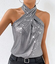 お買い得  -女性用 キャミソールタンクトップ スパンコール 純色 スタイリッシュ カジュアル ノースリーブ ホルターネック レギュラートップス 日常 祝日 シルバー 夏 春