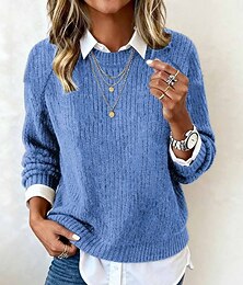 preiswerte -Damen Pullover Lässig Weich Einfarbig Gerippt Rundhalsausschnitt Gestrickt Langarm Crop Tops Stricken Outdoor Täglich Wochenende Blau Schwarz Herbst Winter