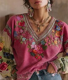 levne -Velikonoce Dámské Halenka Oblečené topy Květinový Grafika Bez vzoru Elegantní Vinobraní dámy Dlouhý rukáv Do V Běžné topy Práce Denní Dovolená Nabírané šaty Slátanina 3D tisk Rubínově červená Podzim