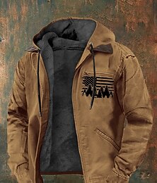 economico -Per uomo Felpa con cappuccio a zip intera Giacca in Pile Felpa con cappuccio in pile Marrone Con Cappuccio Albero Bandiera Americana Tasca Stampato Sport & Outdoor Casuale Quotidiano Poliestere