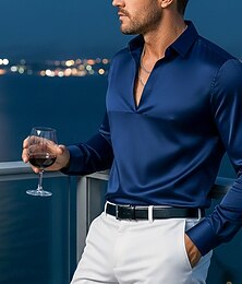 baratos -Homens Camisa Social Blusa de cetim Saia Camisa casual camisa de botão Camisa de formatura Tecido Formal Casamento Preto Vinho Azul Marinha Dourado Manga Longa Decote V Todas as Estações Roupa Puro