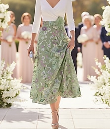 economico -Linea ad A Abito Lunghezza Tè Perline ricamate Vestito da Festa Abito da Cocktail Abito da cerimonia per signora Manica 3/4 Scollo a V Elegante Vintage Ospite di nozze Cocktail party Raso Tessuto