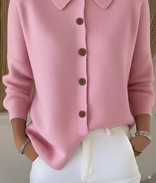 abordables -Femmes Cardigan Quotidien Col de chemise Boutons manche longue Hauts Réguliers Tricoter Travail Fête Rouge vin Noir Printemps Automne