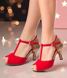 economico -scarpe da ballo latino da donna rosse e oro - tacchi professionali da sala da ballo, salsa, tango con cinturino a T e dettagli glitterati per esibizioni o competizioni