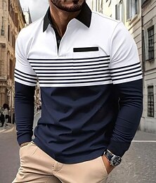 رخيصةأون -رجالي شرائط أفقية بولو ستايل كم طويل قمصان البولو قميص بياقة عمل يومي عمل ملابس الرياضة مناسب للبس اليومي جيب طباعة ثلاثية الأبعاد Buttons الربيع الخريف الشتاء بني غامق أسود أزرق البحرية