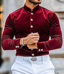 economico -camicia da uomo, camicia elegante, camicia di velluto, camicia con bottoni, camicia da ballo, semplice, formale, matrimonio, blu, nero, vino, manica lunga, collo alla coreana, abbigliamento per tutte