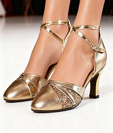 رخيصةأون -حذاء رقص لاتيني نسائي ذهبي اللون مع أحزمة كاحل متقاطعة - كعب لامع لامع للرقص في قاعة الرقص السالسا والتانجو وممارسة الأداء