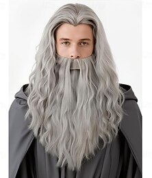 abordables -Perruque grise longue pour homme, ensemble perruque et barbe pour Halloween, déguisement de Père Noël ou de magicien
