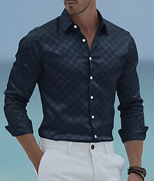 preiswerte -Herren Karo / Karomuster Geometrisches Muster Hemd Satinhemd Kleidhemd Langarm Business-Casual Urlaub Alltagskleidung Sommer Frühling Herbst Umlegekragen 3D-Druck Hemden mit Knopfleiste Blau Rosa