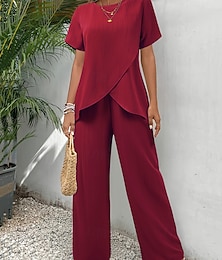 abordables -Mujer Camiseta Conjuntos de pantalones parte superior del bolero Manga Corta Cuello Barco Escote Redondo Color sólido Moda Ropa de calle Diario Exterior Vacaciones Rojo Azul Marino Verde Trébol Verano