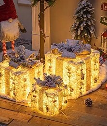 baratos -Caixas de Natal iluminadas, conjunto de 3 caixas de presente decoradas com laços de fita, enfeite para árvore de Natal para casa, jardim e festas de fim de ano.