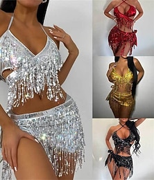 abordables -Samba Dancewear Ensemble de top court à franges en sequins argentés et mini-jupe plissée métallique pour femmes - Tenue de festival et rave pour carnaval costume de performance