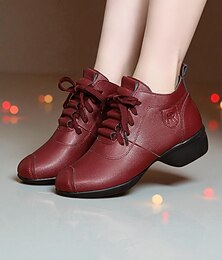 ieftine -Pantofi de dans din piele bordo pentru femei - tocuri confortabile cu șireturi pentru antrenament de dans de societate, latino și jazz