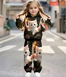 baratos -Para Meninas 3D Gráfico Gato Conjunto de moletom e moletom Roupa Esportiva Fatos de treino Manga Longa Primavera Outono Diário Básico Casual Infantil 4 anos + Com Capuz Ao ar livre Férias Esportes