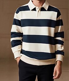 abordables -Hombre Camisetas polo Camisetas polo de rugby Calle Casual Diseño Manga Larga Básico Moderno Tiras horizontales Botones Primavera Otoño Ajuste regular Café Azul Marino Verde Trébol Camisetas polo