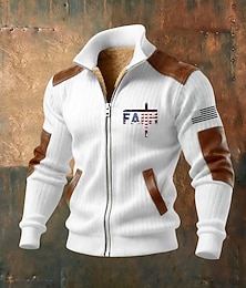 abordables -Homme Sweat à capuche zippé intégral Veste en Polaire Sweat à capuche en polaire Noir Blanche Vert Véronèse bleu marine Marron Col montant Croix Drapeau Américain Foi Avec Poches Accents en similicuir
