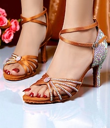 ieftine -Pantofi de dans latino pentru femei cu cristale stras - tocuri profesionale de salsa tango cu baretă la gleznă pentru performanță și competiție