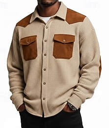 preiswerte -Herren Hemd Waffelhemd Freizeithemd Vintage-Shirt Knopfhemd Cargohemd Blau Schwarz Dunkel Blau Kaki Langarm Farbblock Revers Outdoor Lässig Patchwork Bekleidung Mode Vintage-Retro
