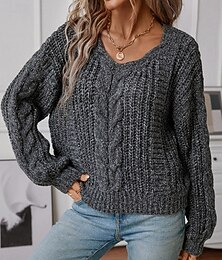 billiga -Dam Tröja Vintage Streetwear Ledigt Ensfärgat V-hals Stickat Långärmad Vanliga toppar Sticka Dagligen Helgdag Utekväll Svart Kaki Höst Vinter