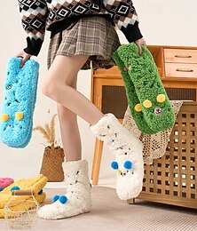 baratos -Meias femininas de lã grossa e aconchegante de cordeiro com bordado de animais de desenho animado para outono e inverno, meias macias e quentes para usar em casa, antiderrapantes e felpudas para