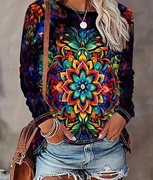 Недорогие -Жен. Футболка Графика Мандала Геометрия Винтаж Стиль На каждый день Длинный рукав Вырез под горло Обычные топы Повседневные выходные С принтом Черный Осень Зима