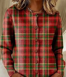 abordables -Femmes Cardigan Mode Quotidien Occasionnel Graphique Plaid Côtelé Col ras du cou Floral Boutons Imprimé manche longue Hauts Réguliers Tricoter Extérieur Quotidien Date Rouge Automne Hiver