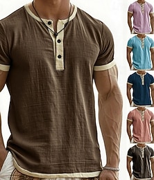 billige -Herre T skjorte Henly-skjorte T-skjorter Kortermet skjorte Kortermet Henley Sommer Vår Fargeblokk Mote Designer Grunnleggende Lapper Feriereise Gate Ut på byen Svart Rosa Blå Topp T-skjorte for menn