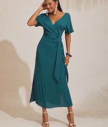 preiswerte -Damen-Wickel-Midikleid aus Tencel-Leinen in Orange-Rot mit V-Ausschnitt und gerafftem Saum