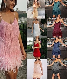 abordables -Robe Mini en Paillettes avec Plumes et Franges pour Femmes Samba Dancewear - Robe de Fête Étincelante à Décolleté en V