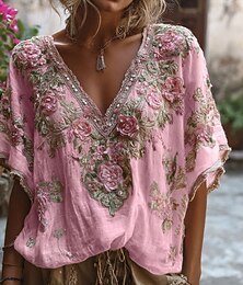 levne -Dámské Halenka Květinový Grafika Vinobraní stylové Poloviční rukáv Do V Běžné topy Denní Dovolená Jdeme ven 3D tisk Černá Bílá Světlá růžová Léto Jaro Podzim Zima