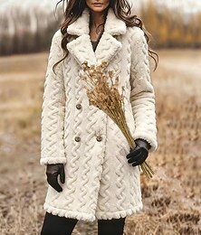 preiswerte -Damen Wintermantel Teddymantel Warm Bequem Patchwork Tasche Knöpfe Mode Lässig Einfarbig Urlaub Straße Lässig Alltagskleidung Lang Umlegekragen Normale Passform Langarm Oberbekleidung Schwarz Wei