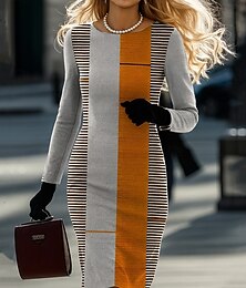 זול -בגדי ריקוד נשים שמלת מידי שמלה בגזרה ישרה יום יומי יומי רגיל גראפי גיאומטרי שרוול ארוך צווארון עגול קצר תלתן אפור בהיר אפור כהה אביב סתיו