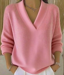 billiga -Dam Tröja Elegant Mode söt stil Ensfärgat Ribbad V-hals Stickat Flätad Långärmad Vanliga toppar Sticka Formell Utomhus Hem Vinrött Rodnande Rosa Vår Höst