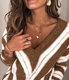 billiga -Dam Tröja Streetwear Ledigt Randig V-hals Stickat Mönster Långärmad Vanliga toppar Sticka Dagligen Helgdag Utekväll Blå Vinrött Höst Vinter